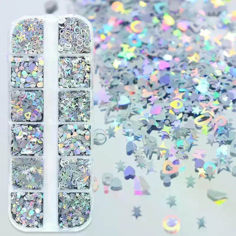 กลิตเตอร์เลเซอร์ลายดาวสีเงินสำหรับตกแต่งเล็บ 12/6 ช่อง  สำหรับตกแต่งเล็บแบบ DIY อุปกรณ์ทำเล็บ