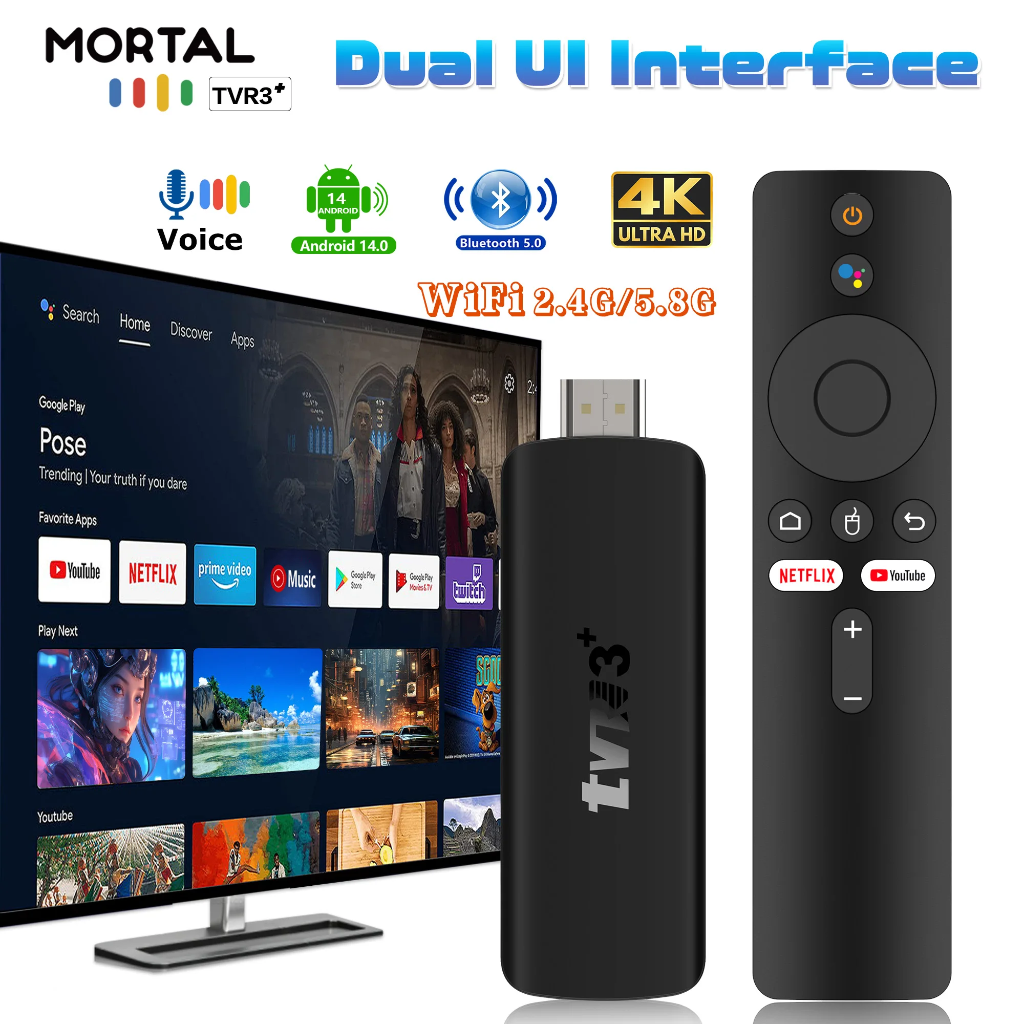 

Hot Sale TVR3+ TV Stick Android 14 RK3518 8K HD Dual WiFi 2.4G/5G BT5.0 Dual UI interface 2GB 16GB Media Player