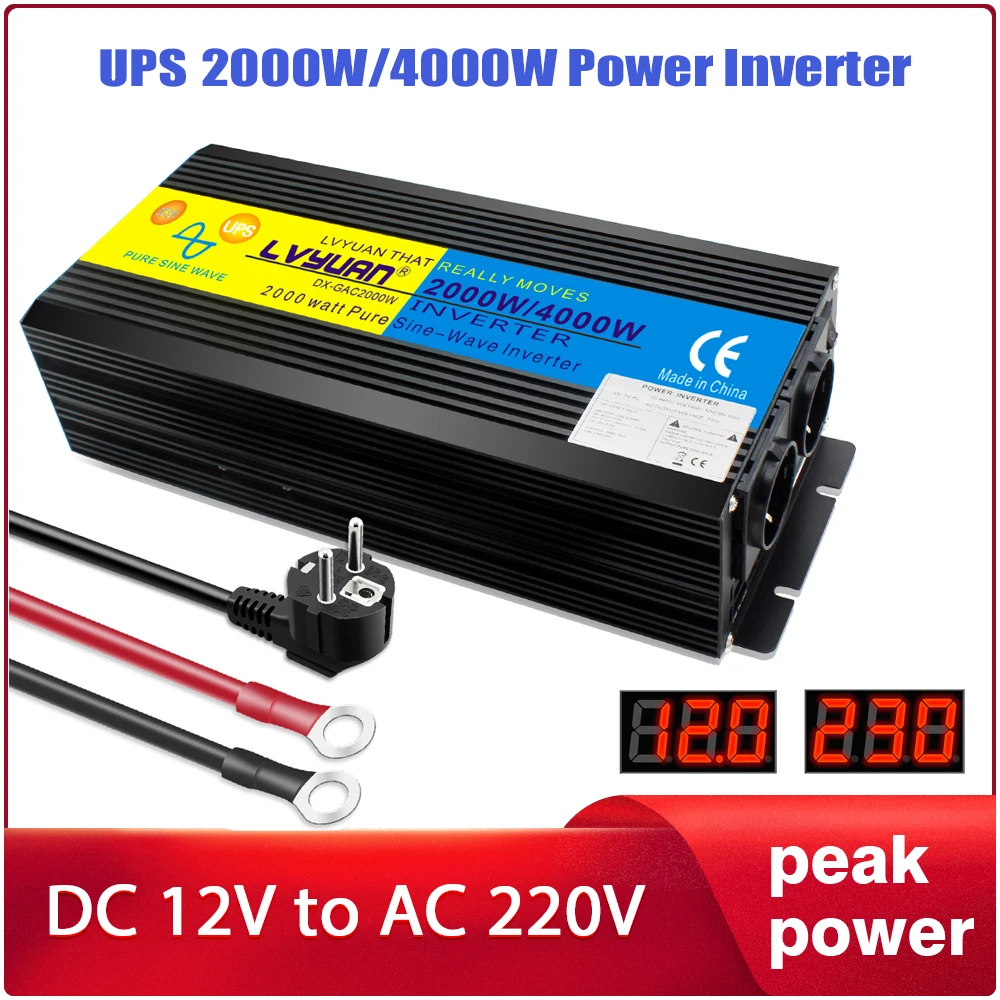 UPS Pure Sine Inverter 2000W 4000W Power 12V 220V DC to AC Dual EU Socket 50Hz 60Hz Voltage Converter Solar Transformer