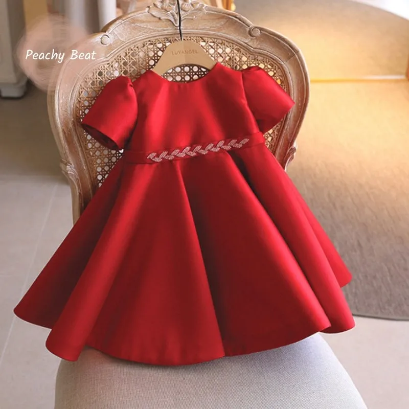 

Baby Girl Princess Waist Applique Bow Dress Puff Sleeve Infant Toddler Child Vestido Xmas Red Birthday Party Baby Clothes 1-12Y