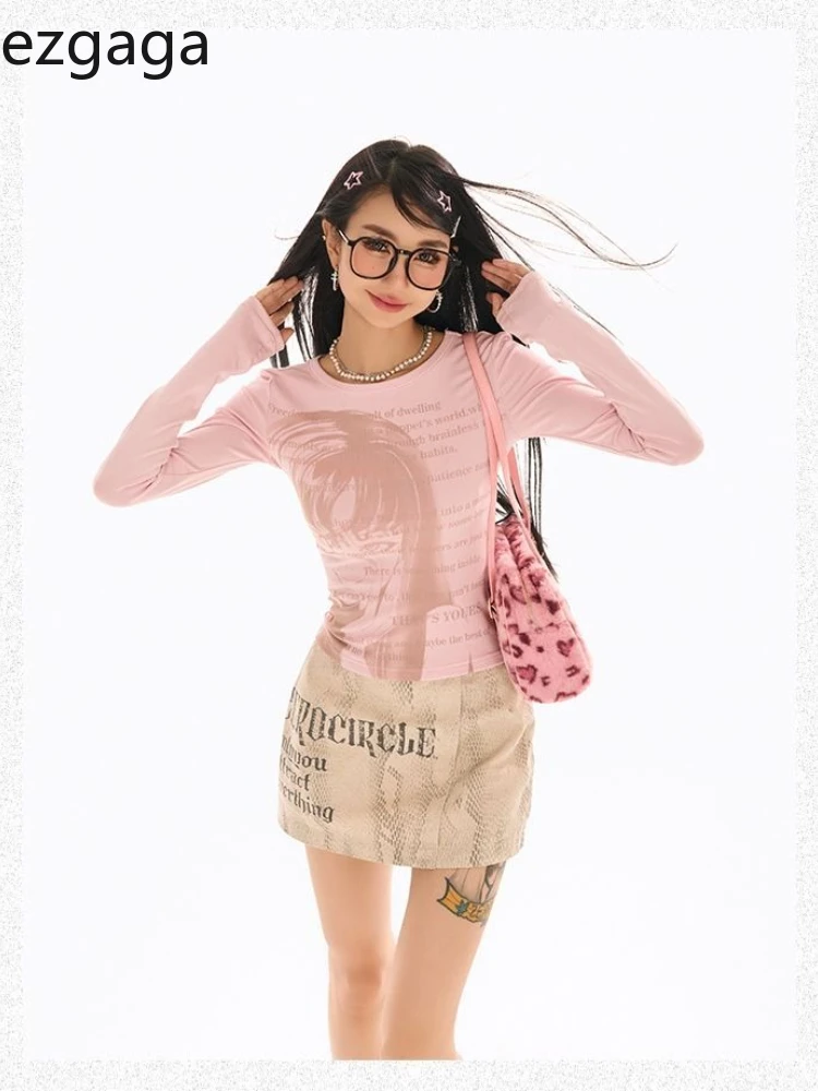 

Ezgaga футболки женские с длинным рукавом тонкий мультяшный принт буквы Y2k Harajuku осенние новые модные укороченные топы женская повседневная футболка