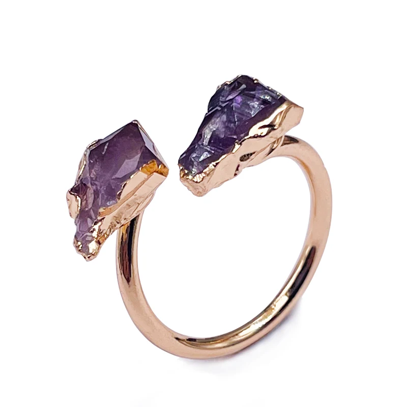 Irregular Amethyst Open Ring Boho Golden Handmade Raw Purple Crystal Finger Jewelry Resizable