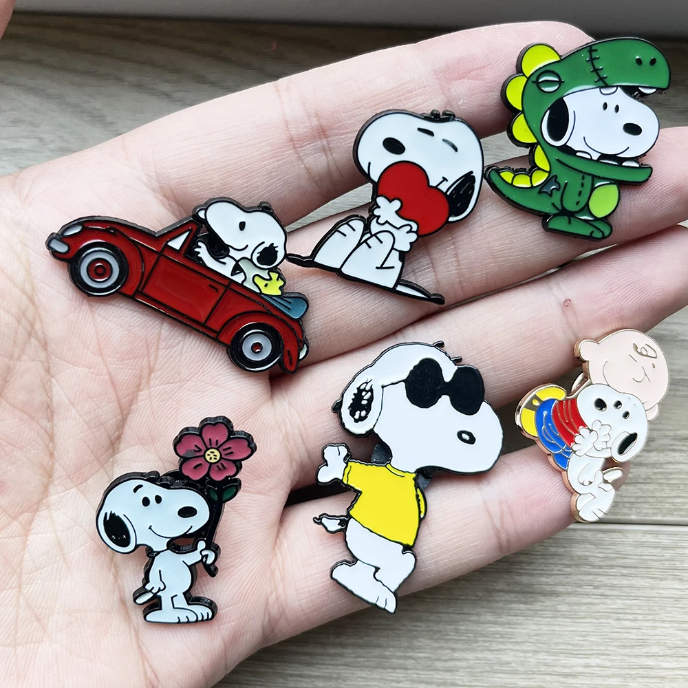 Anime Snoopy Brooch Set with Puppy Enamel Pins - 2/4/6pcs Kids Fashion Lapel Badges Featuring Dinosaurs Flower Gift for Children