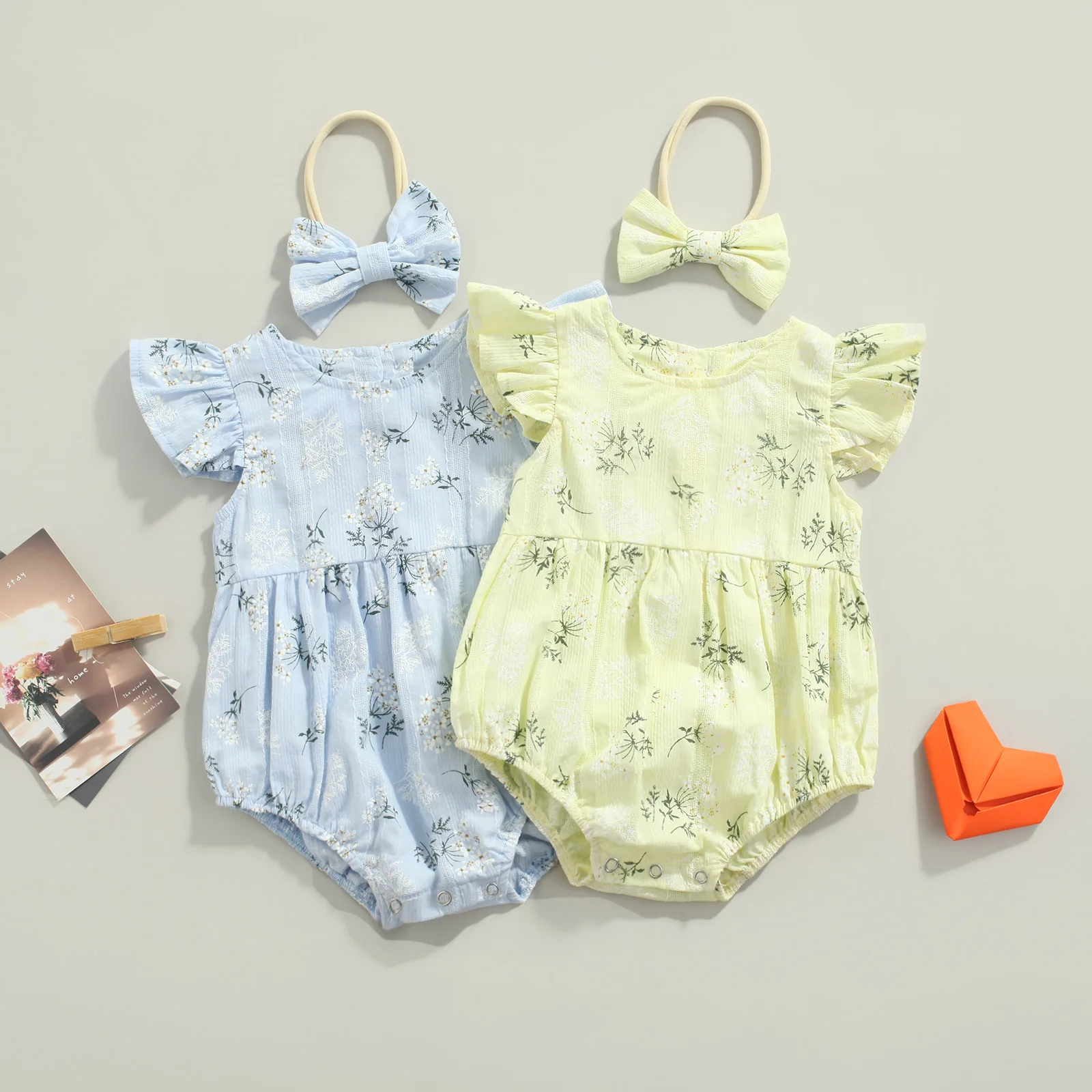 

Baby Romper with Hairband Kids Floral Print Round Neck Fly Sleeve Bodysuit Headband for Summer Blue/Yellow 0-24 Months