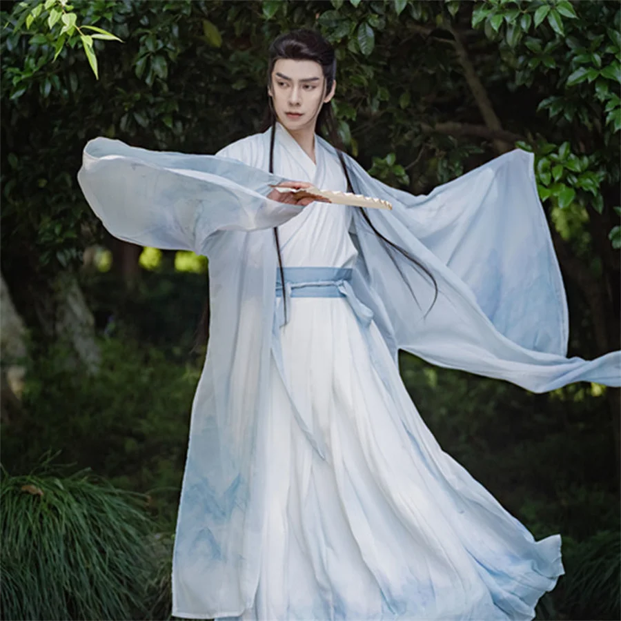 Chinese Hanfu Men Halloween Ancient Scholar Cosplay Costume Vintage Hanfu Blue Shirt+Skirt+Jacket 3pcs Sets Plus Size 2XL