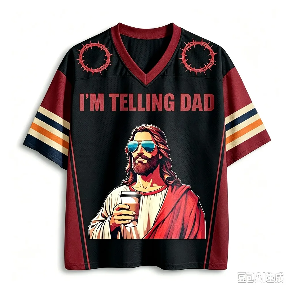 Vintage lustiges Jesus mit Sonnenbrille Kaffee 3D-Druck V-Ausschnitt Oversize-Tops für Herren und Damen Sommer Oversized lässiges Kurzarm-T-Shirt – Detail 5