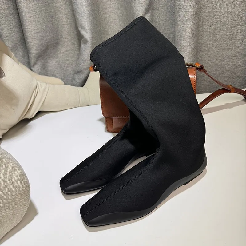 New Design New Women's Elastic Stretch Boots Black Slimming Knee High Boots Square Toe Woman Shoes Sexy Black Long Boot