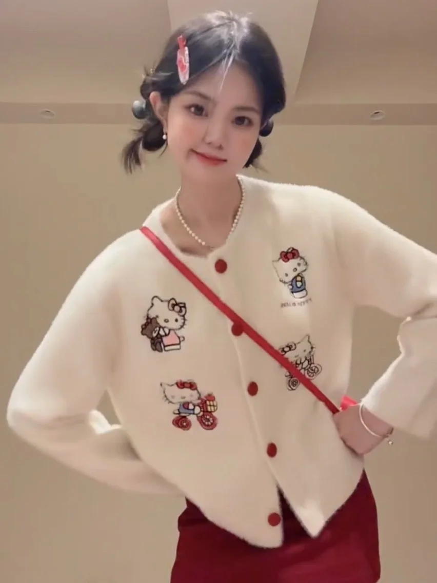 سترة كرتونية مطرزة بياقة مستديرة وكارديجان مفتوح محبوك للنساء بأسلوب كسول يناسب جميع الإطلالات لموسم الخريف والشتاء إصدار جديد