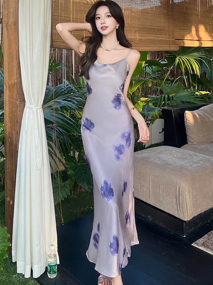 Verano púrpura satén Floral Sling Sexy vestido largo mujeres elegante Casual vestido para casa 2025 moda coreana ceñido al cuerpo Festival vestido de graduación
