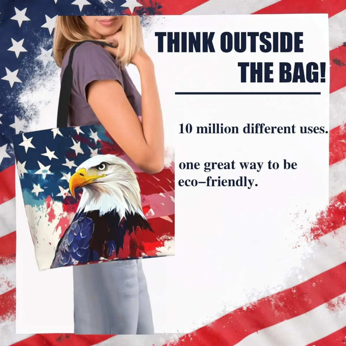 Bolso de mano con bandera americana con cremallera, bolso patriótico grande para mujer, asas reutilizables, compras multiusos y resistentes