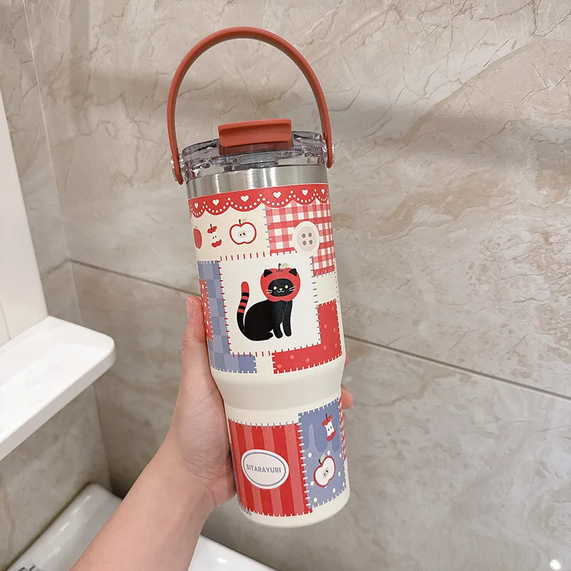 

Summer Bingba Cup High Value Car Cup Female Kitten Portable Stainless Steel Double Drink Handle To Keep Cold Coffee Thermos Cup