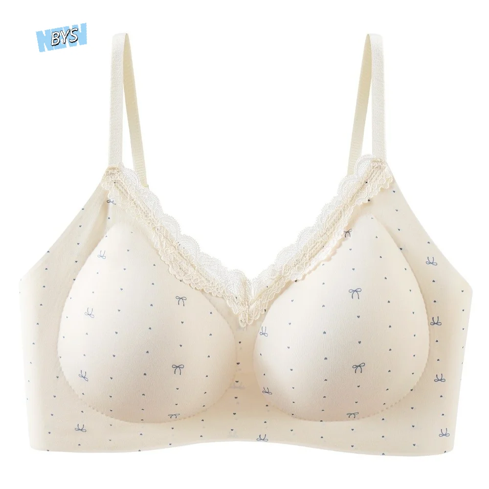 

Traceless Lace Wireless V Bra Grid Pattern Shockproof Brassiere for Women Gathered Breasts Anti-sagging Lace Floral Print Bra