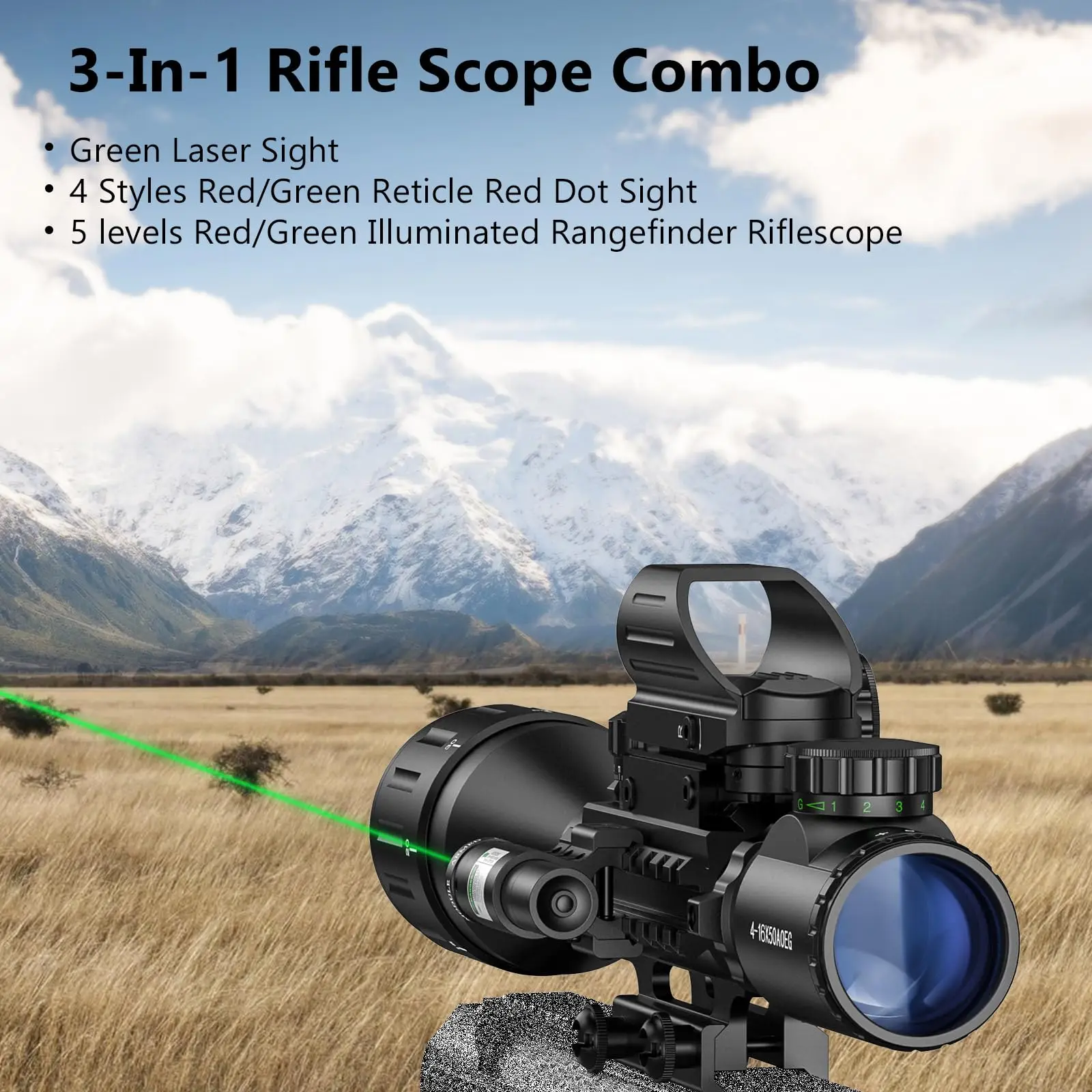 

MidTen 4-16x50 AO Rifle Scope Dual Illuminated Rangefinder Optics & 4 Holographic Reticle Red Dot Sight & Green Laser Sight