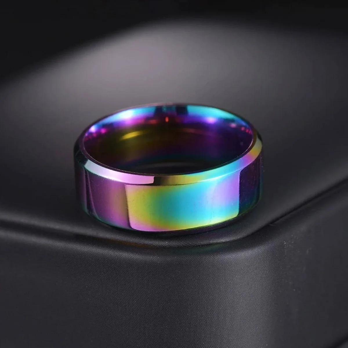 Simple 8mm Rainbow Stainless Steel Rings For Men Women Colorful Matte Finish Beveled Polished Edge Men Ring Wedding Band Jewelry