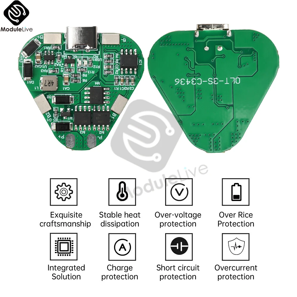 

12 В, 3S, 20 А, порт зарядки типа C, плата защиты литиевой батареи 18650, 2,7 В, 4,25 В, защита от переразряда, литий-ионная печатная плата BMS PCM