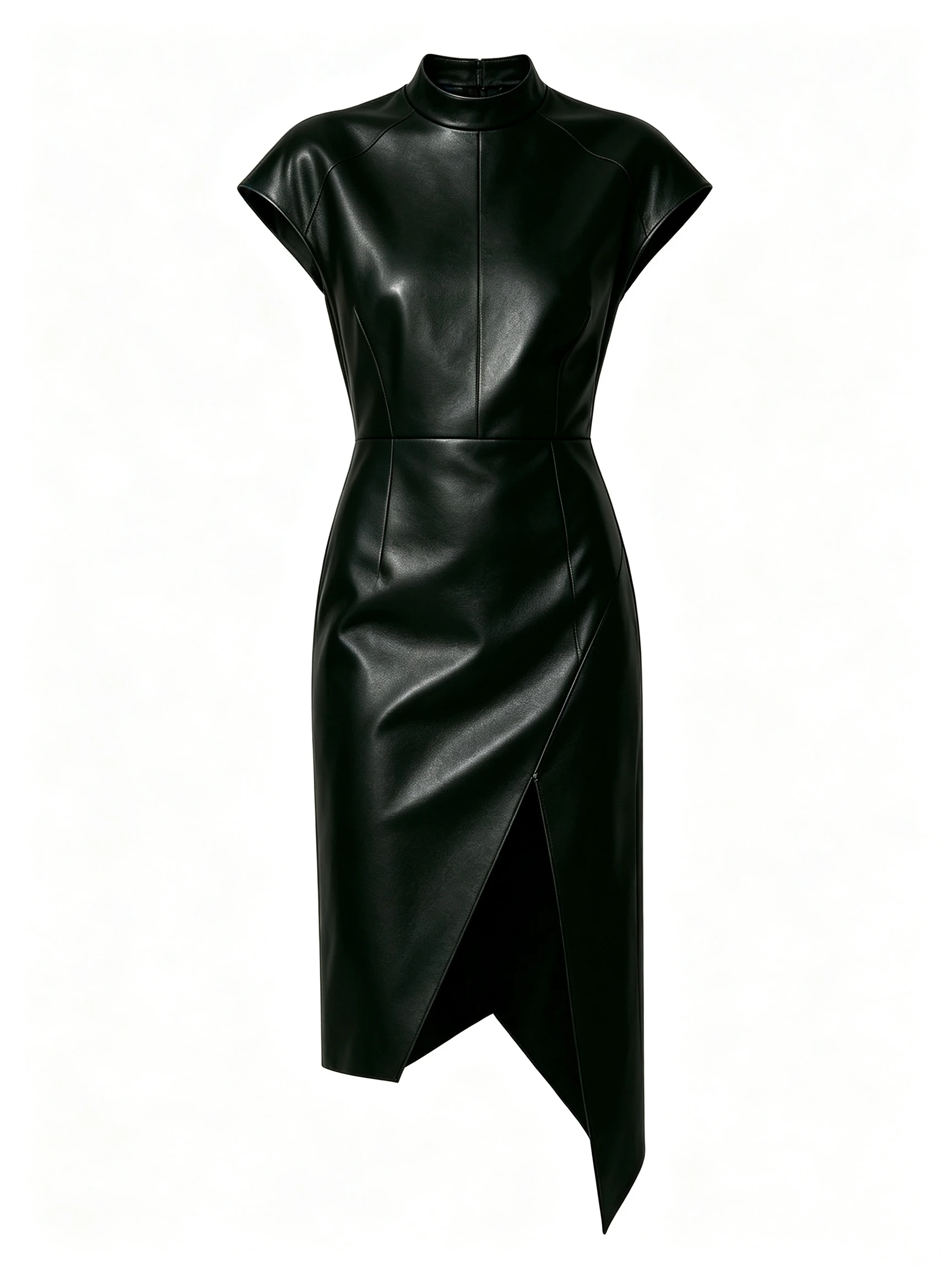 Women's Faux Leather Asymmetrical Midi Dress with High Neck and Cap Sleeves