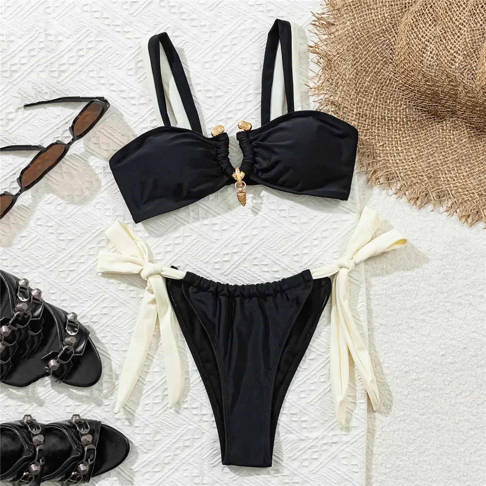 

Metal Buckled Black Swimwear Knotted Micro Thong Bikini Dames 2025 Sexy Swimsuit Women Bathing Suit Bikinis Sets Biquinis Swim