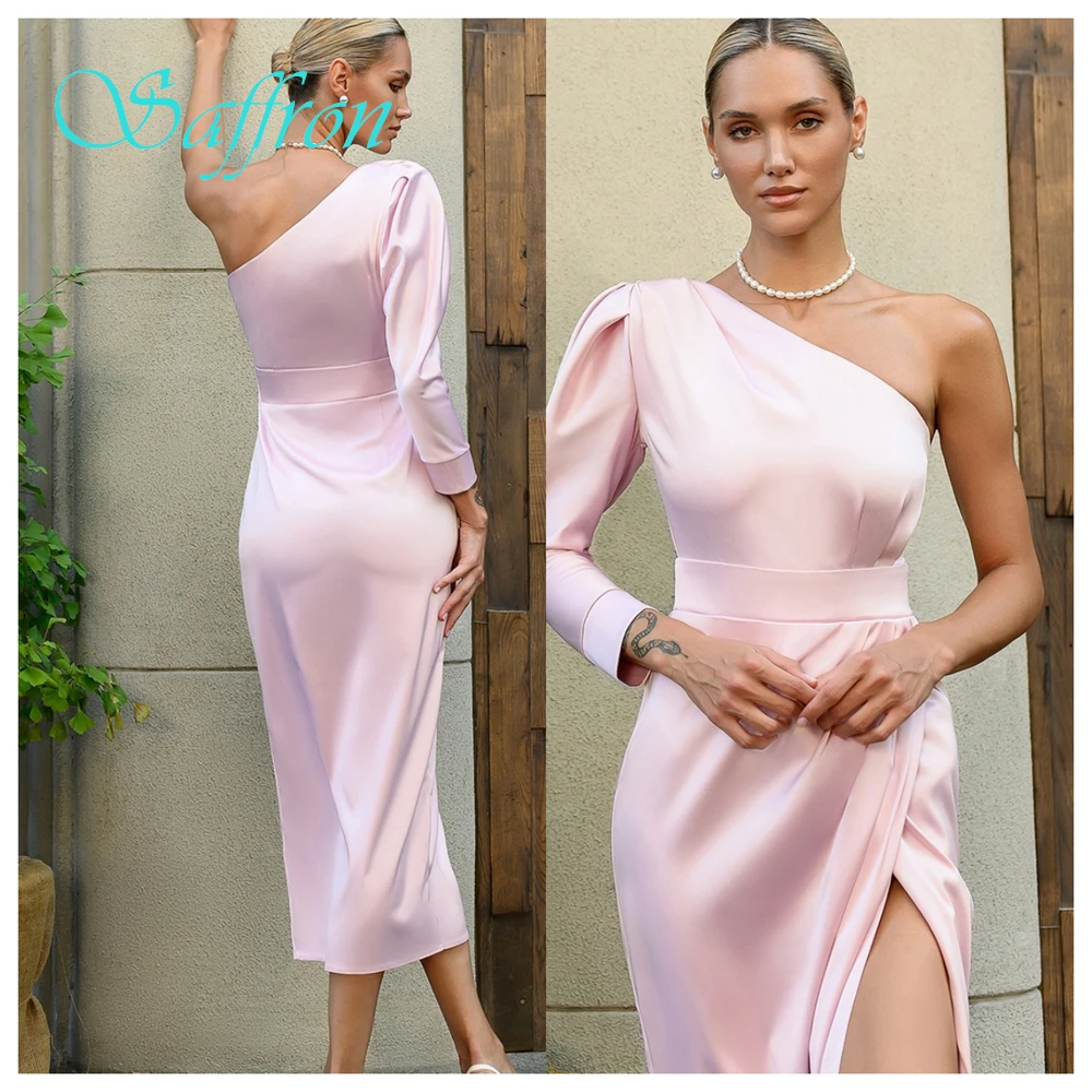 カスタマイズされたフロントスリット A ライン ワンショルダー イブニング ドレス サテン 長袖クラシックな特別な日のガウンソフトで豪華なプロム ドレス