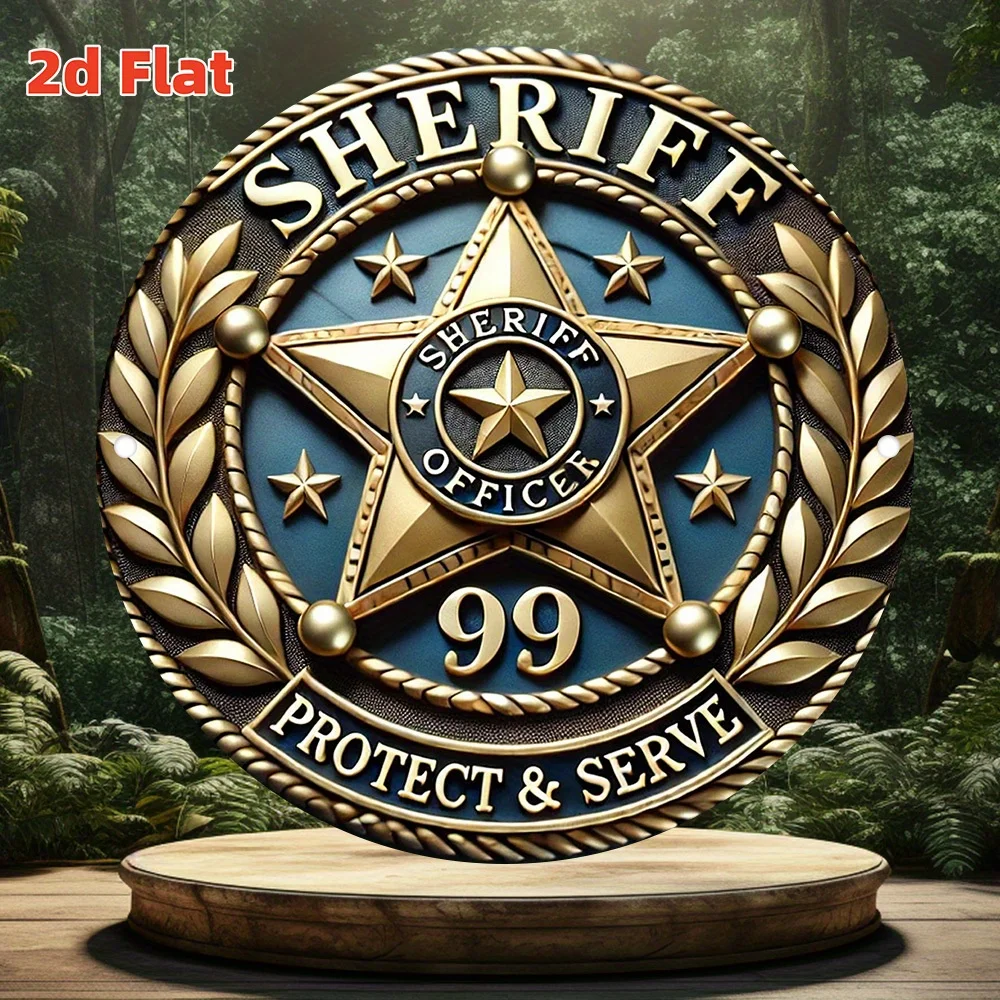 2D Flat, 2D Flat Sheriff Badge 99 Protection Service, Retro Aluminum Wall Art Sign - Perfect for Bedroom, Kitchen, Gaming Room,