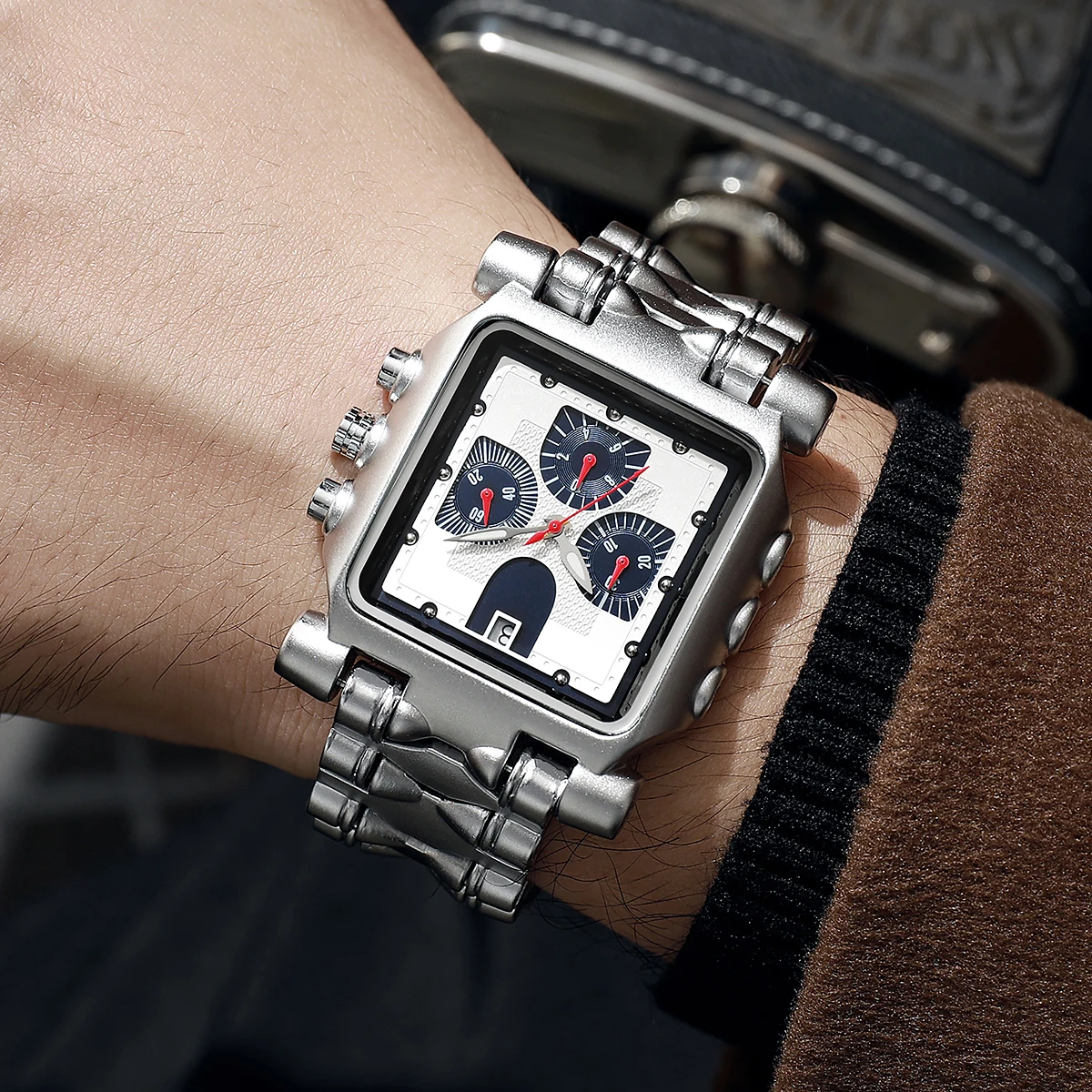 Cool Square Mens Chronograph Watch Multi-function 3 Dials Quartz Wristwatch Silver Metal Strap Large Dial Sports Watch for Men