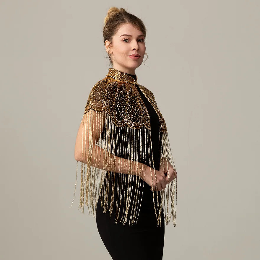 Vintage Indian Style Beaded Shawl Long Tassel Cloud Shoulder Pad Women Fringe Cape Clothing Accessories