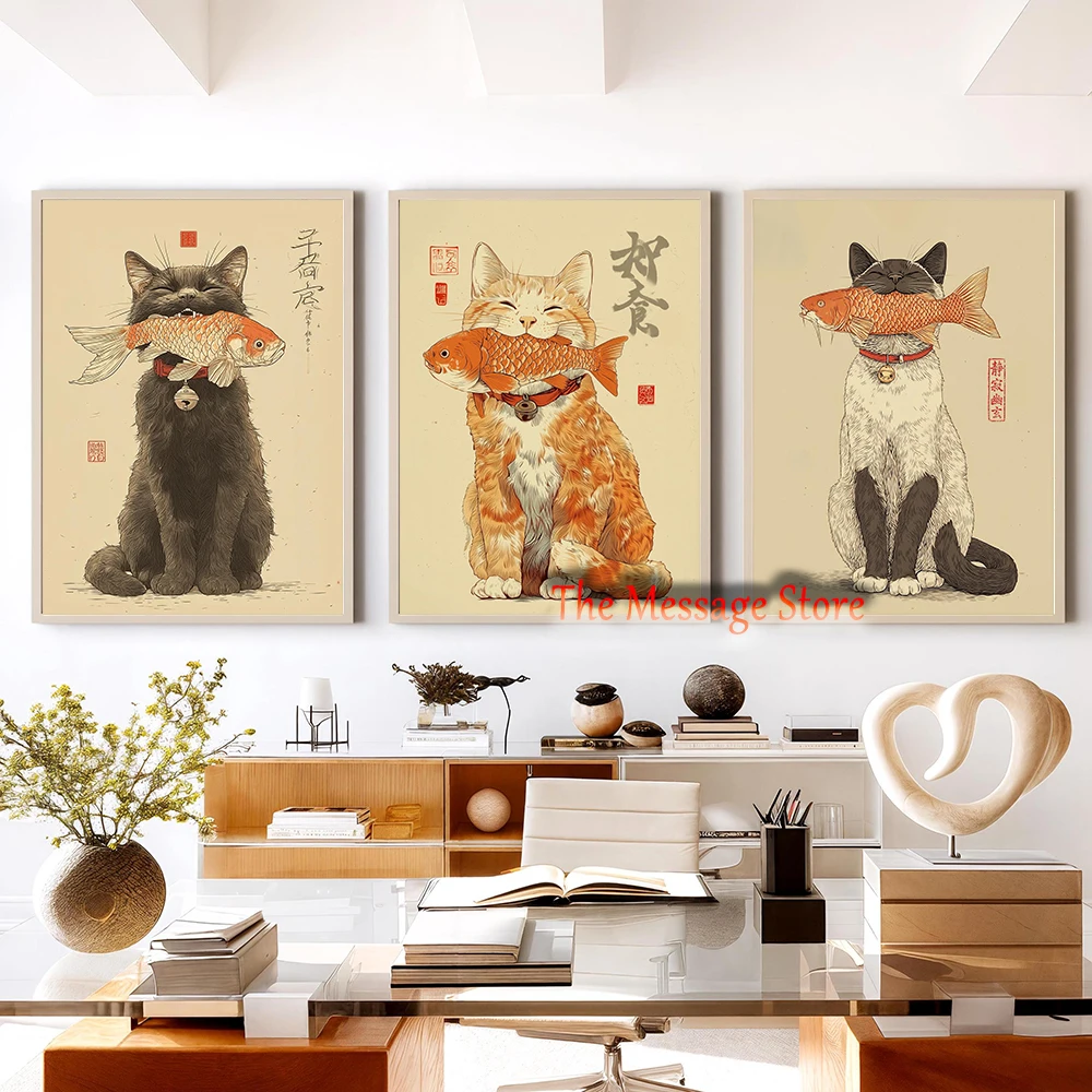 Orange Tabby Black Cat Siamese Cat with Fish Ukiyo-e Japanese Asian Style Wall Art Poster Canvas Painting Wall Pictures Decor