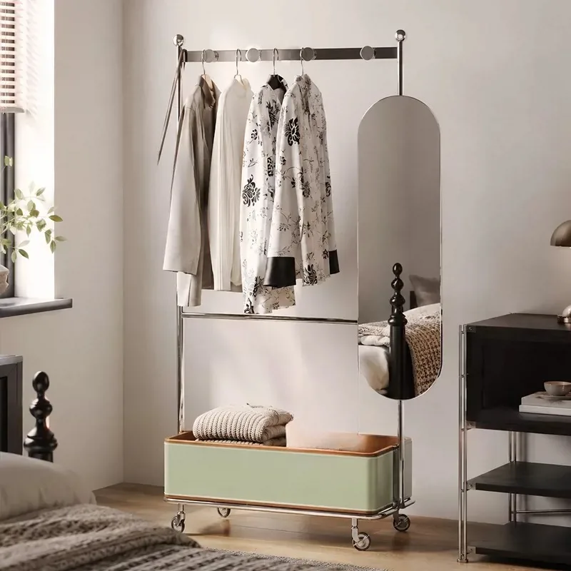 Medieval floor-to-ceiling full-body mirror household movable hanger full-length mirror integrated indoor clothes storage