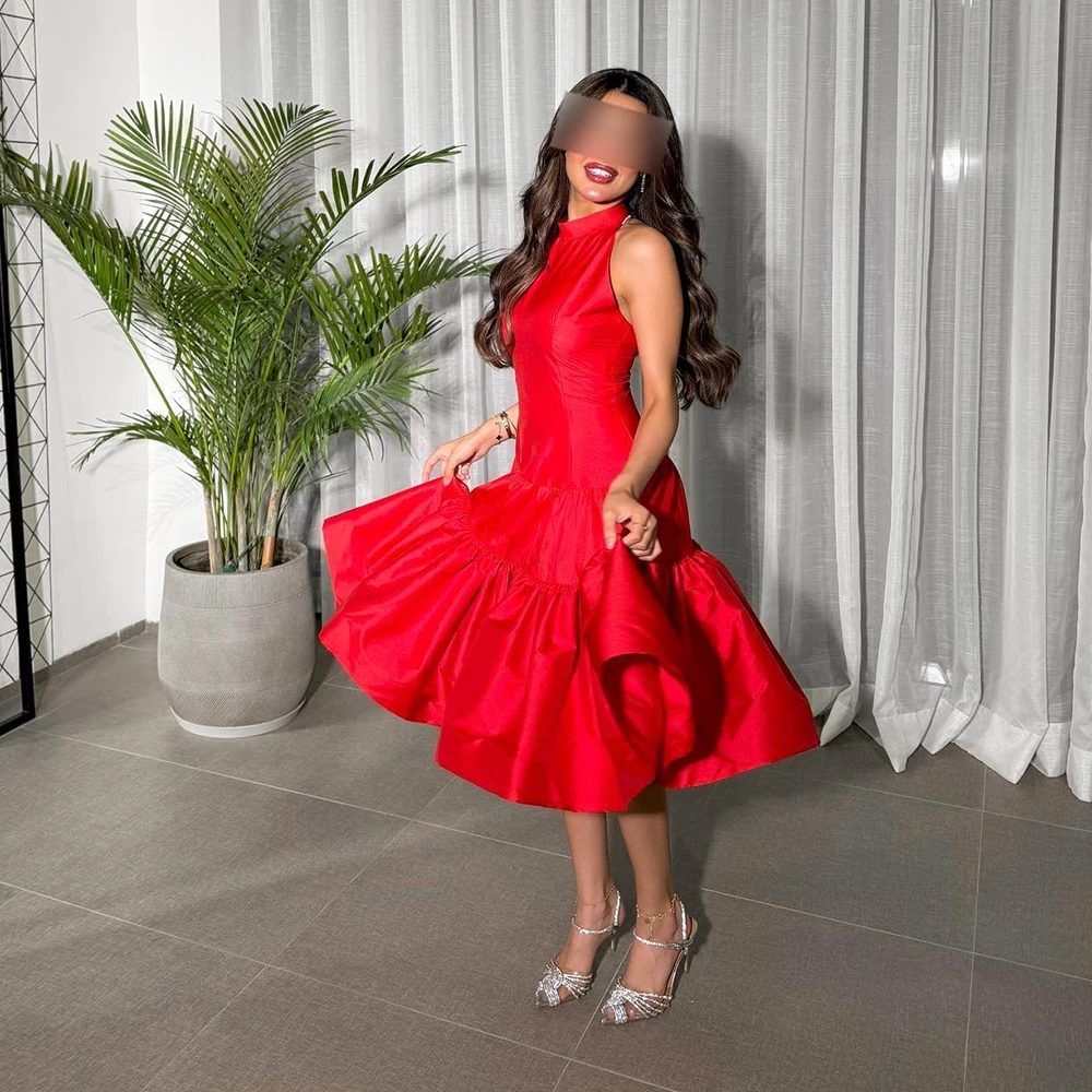 

Customized High Neckline A-line Draped Satin Evening Dress Sleeveless Pleat Party Dress Tea-Length Prom Gown For Women