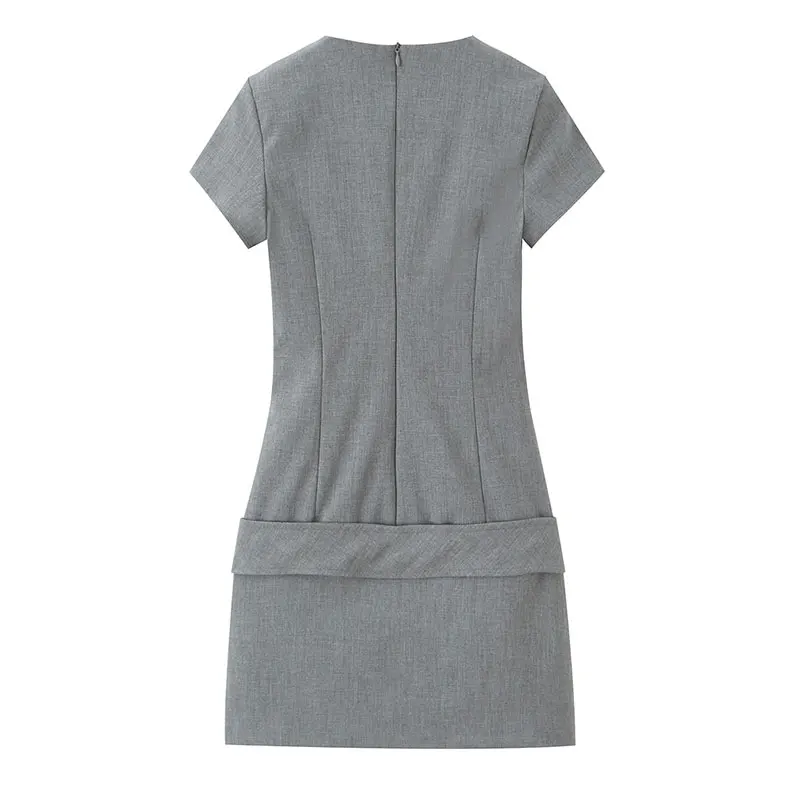 2025 تأثير التخسيس ربيع جديد وصول فستان نسائي مع حافر الحصان مشبك الخصر Cinching طول الركبة رقبة مستديرة كم قصير #3