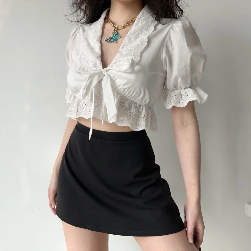 Embroidery Lace Patchwork Short Blouse Summer New Short Sleeve Bandage Solid Sexy Shirt Tops Fashion Temperament Women Clothing