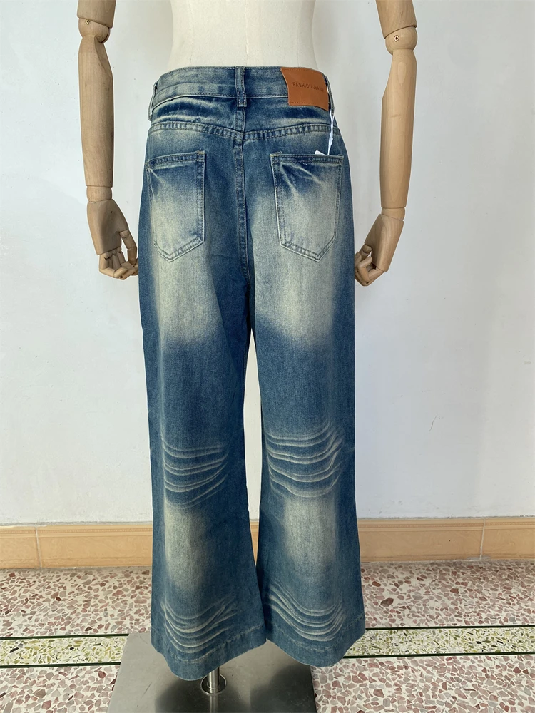 Damskie białe jeansy retro w kolorze niebieskim, proste, codzienne spodnie, spodnie dla cool girl, damskie spodnie z wysokim stanem i szerokimi nogawkami w stylu vintage.