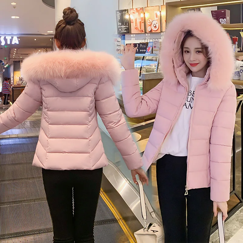 Hooded Women Parkas Coat Short Jacket Solid Oversize Fur Collar Long Sleeve Zipper Slim Fit Thick Office Lady Casual Winter 2025