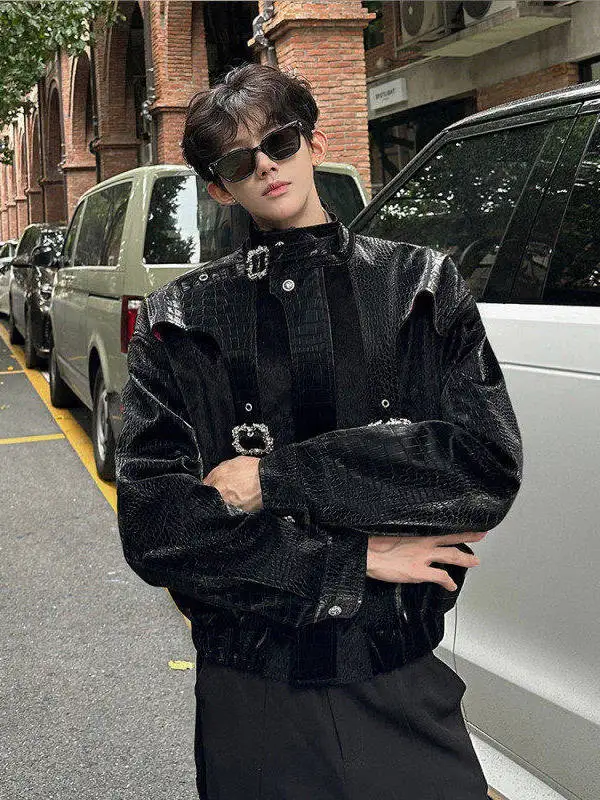 

ort Snake Skin Pattern Jaet Men's Faion Casual Sle Stand Collar Splicing Design Metal Bule Warm Polyester Fiber