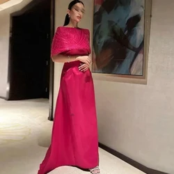 Exquisite Sheath Floor Length Boat Neck Off the Shoulder Pleats Shawl Half Sleeves Red Evening Dress Celebrity Dress Sweep Train