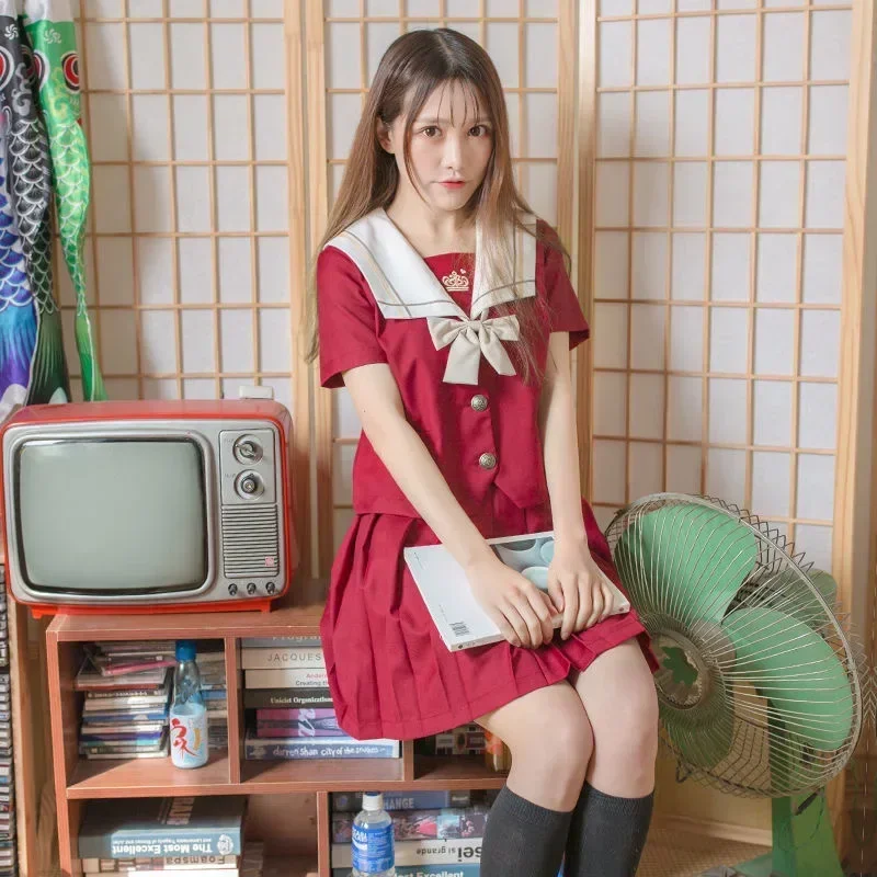 New Red JK Uniform Suit Spring Summer Short/long Sleeve Japanese School Uniforms For Women Sailor Pleated Skirt JK Sets Uniform