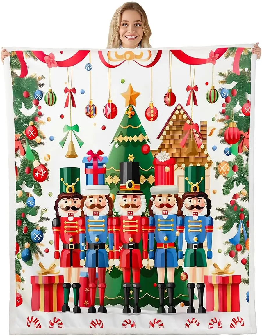 Merry Christmas Throw Blanket Xmas Tree Nutcracker Fleece Blanket Western New Year Theme Cozy Throws for Bed Couch Sofa,Kids