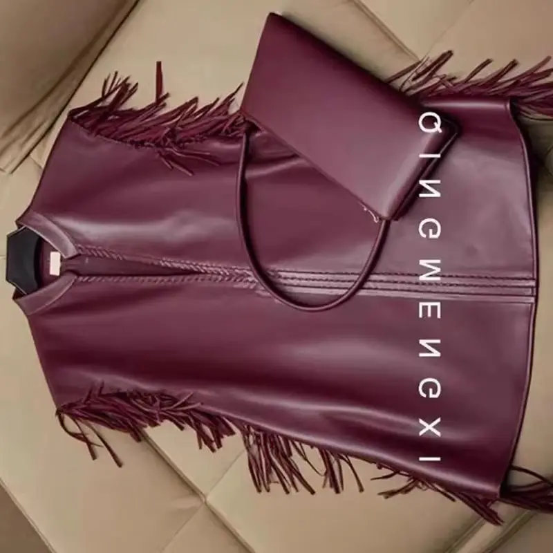 

Ladies New Fashion Joker Retro High Sense Tassel PU Leather Vest Women Vest Casual And Comfortable Round Neck Simple Unique Coat