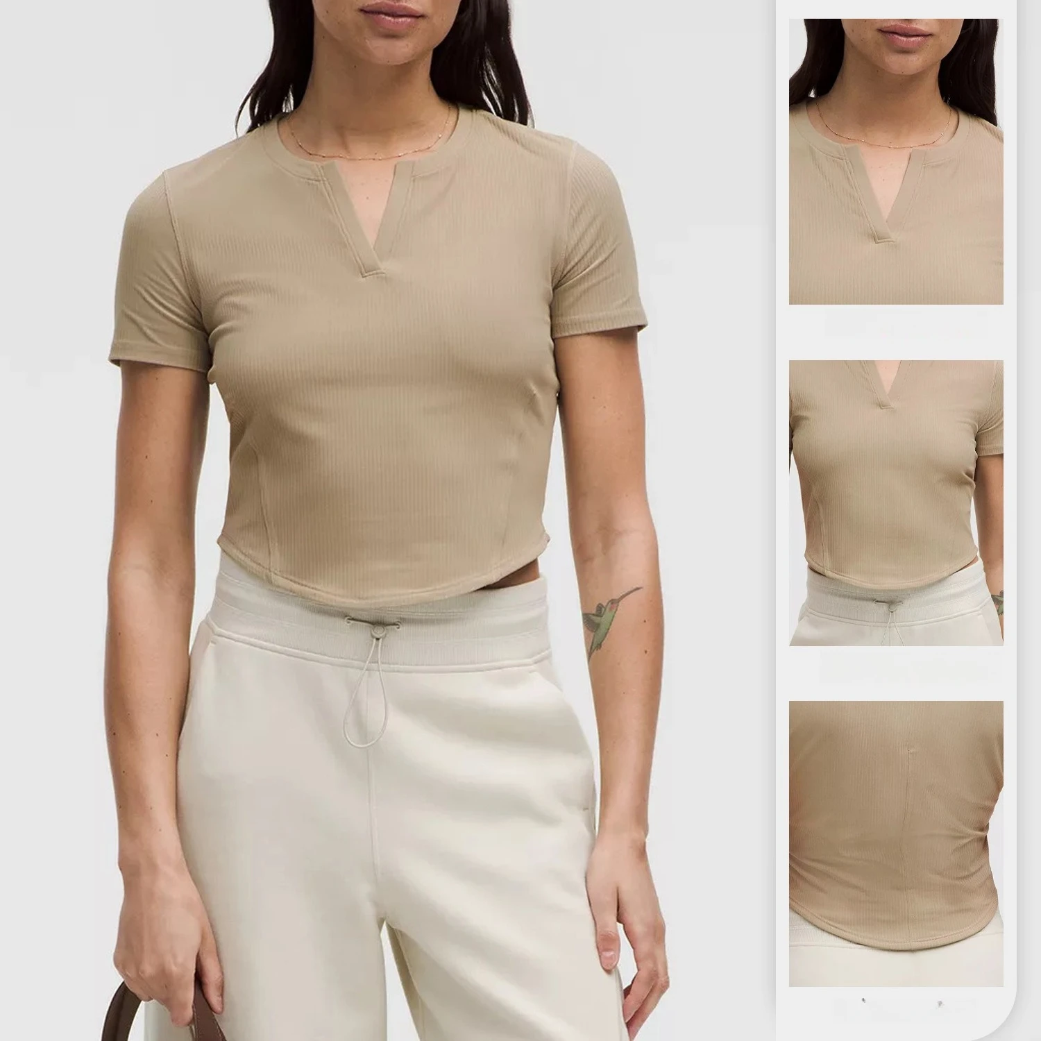 欧米トップス-リブ襟-オープン半袖tシャツ-ピラティス-トレーニング-ランニング-フィットネス-ヨガウェア-トップス
