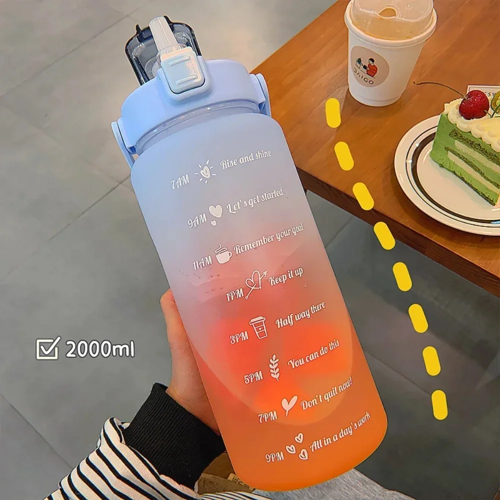 New Large Couple Cup with Straw Time Scale Water Bottle Plastic Water Cup Large Student Frosted Outdoor Sports Water Bottles 2L