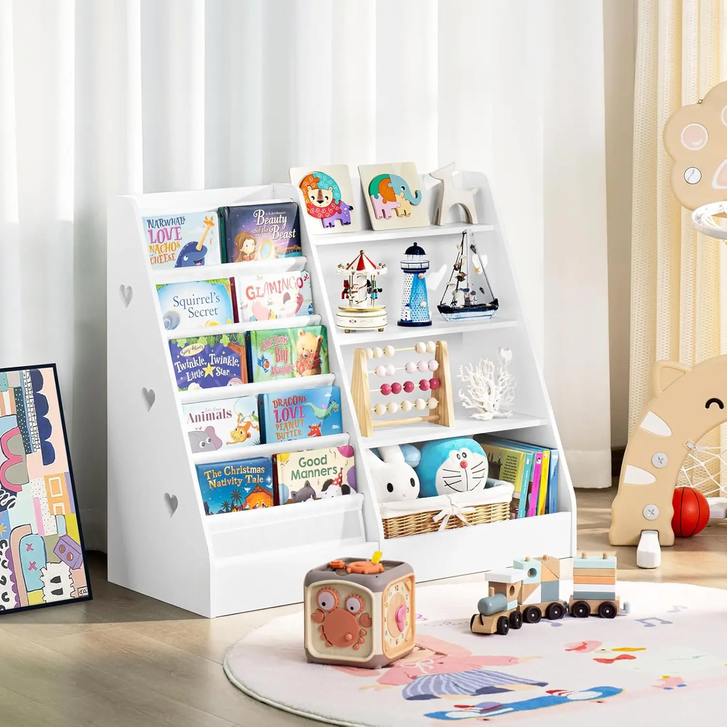 Estantería de 4 niveles para niños, organizador de almacenamiento, sala de juegos vitrina para, dormitorio, aula, guardería, escuela, color blanco