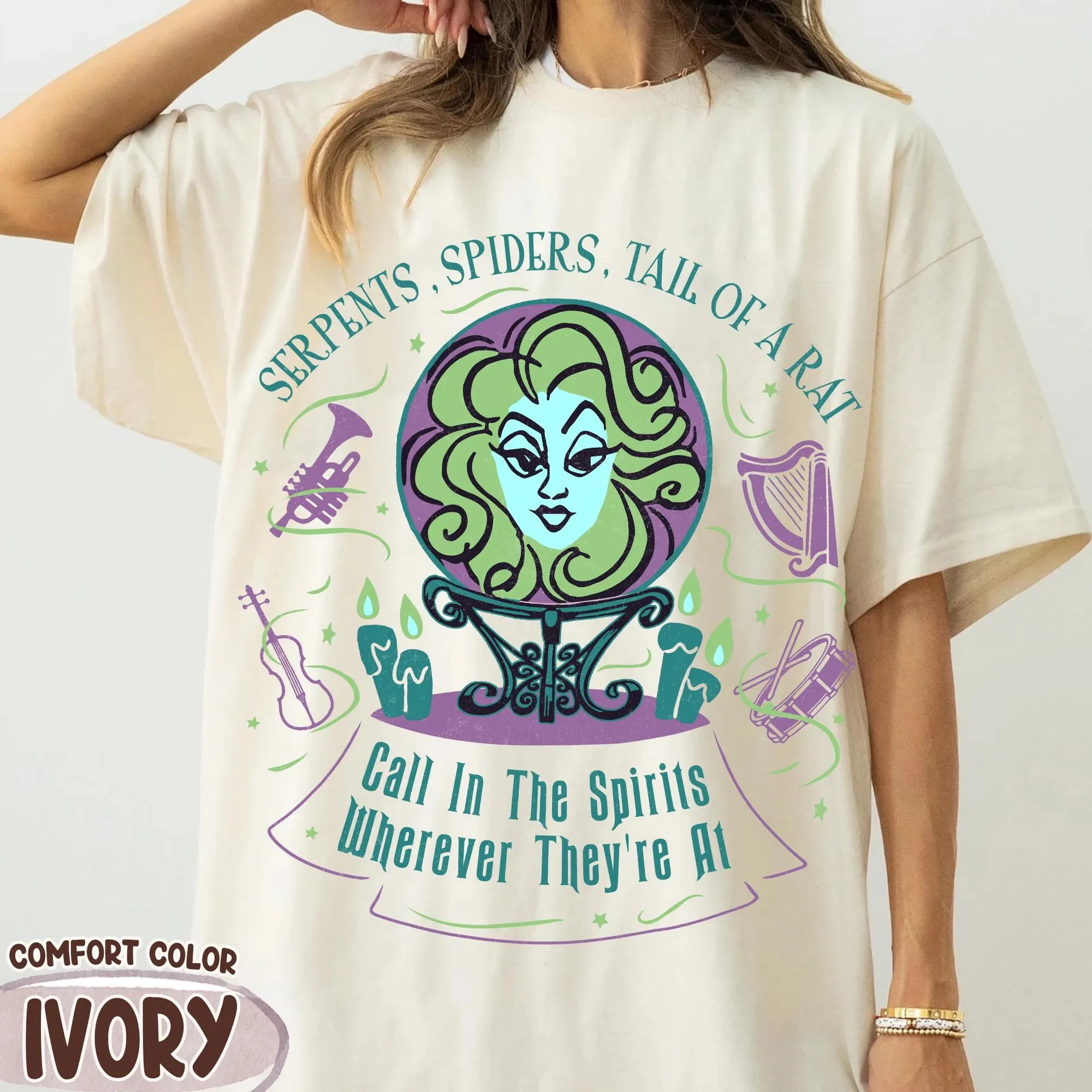 قمصان ديزني الرجعية مسكون البيت، السيدة ريتا كريستال الكرة تي شيرت، قمصان شبح استدعاء، قمصان ديزني الرعب الأسرة جولة