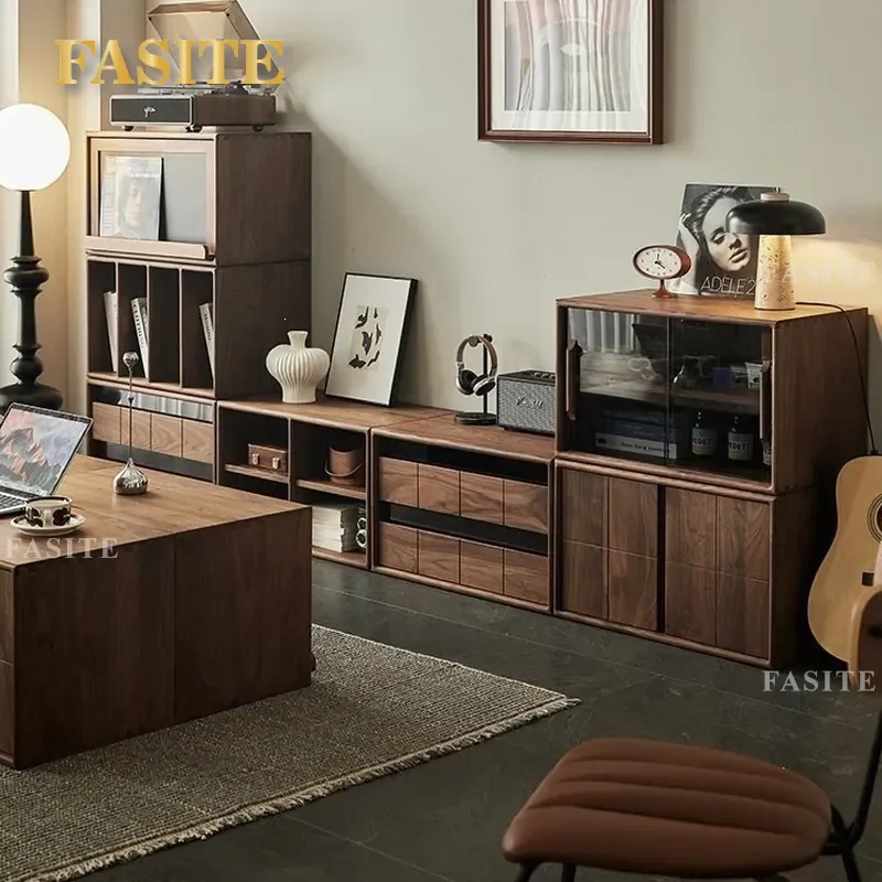 For North American Black Walnut Modular TV Cabinet Solid Wood Low Floor Bookcase Display Storage Unit Free Combination Living