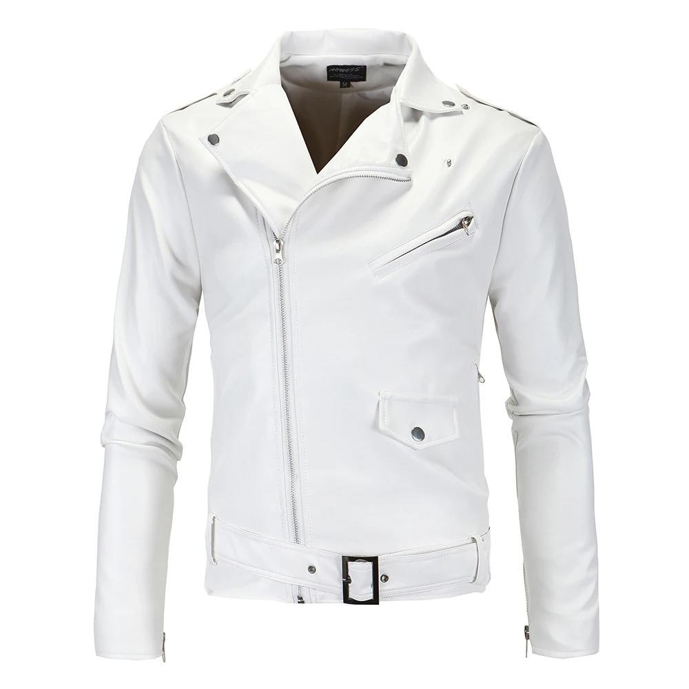 

Men Slim White Leather Jackets Oblique Zipper Motorcycle Jackets New Men Outwear Moto Biker PU Leather Coats Size 4XL