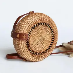 Large Capacity Handwoven Round Rattan Bag Natural Chic Travel Messenger with Shoulder Strap for Women