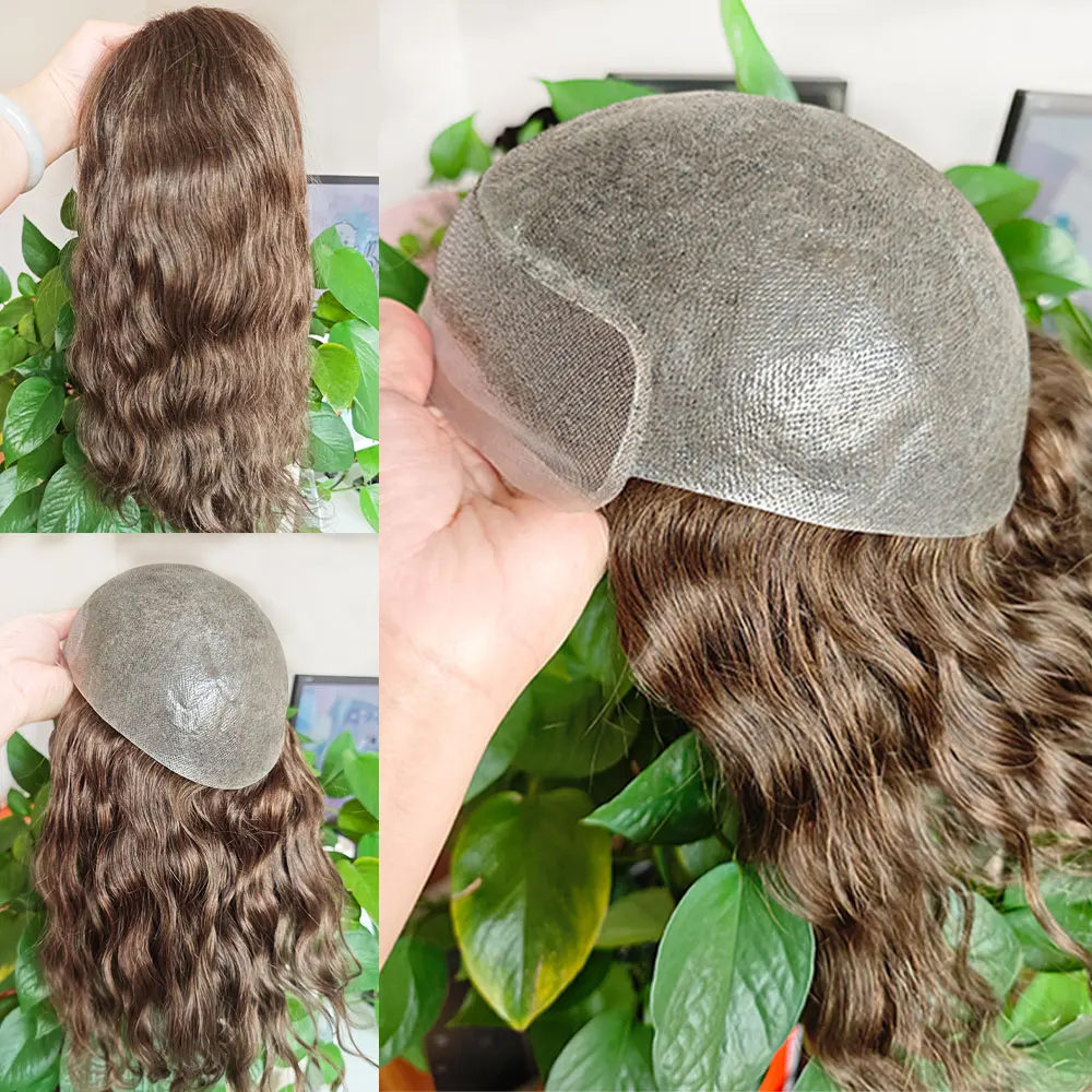 12''Long Hair Prosthesis Swiss Lace Front Natural Hairline 0.06mm Thin Skin PU Men's Hairpiece Natural Wave for Men or Women