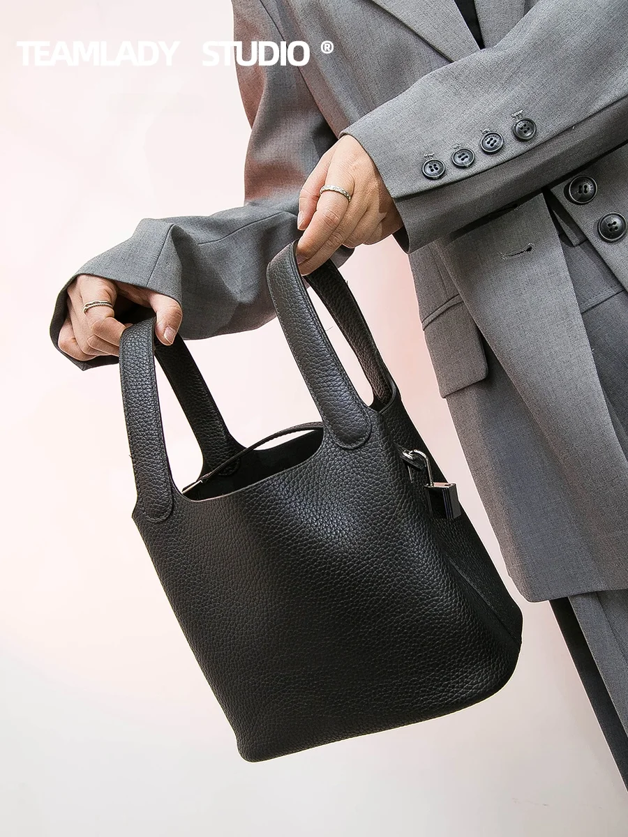 

High-End Vintage Hand-Sewn Top-Layer Cowhide Tote Buet Bag TC Leather Vegetable Basket Handbag Soft Lo Bule Closure