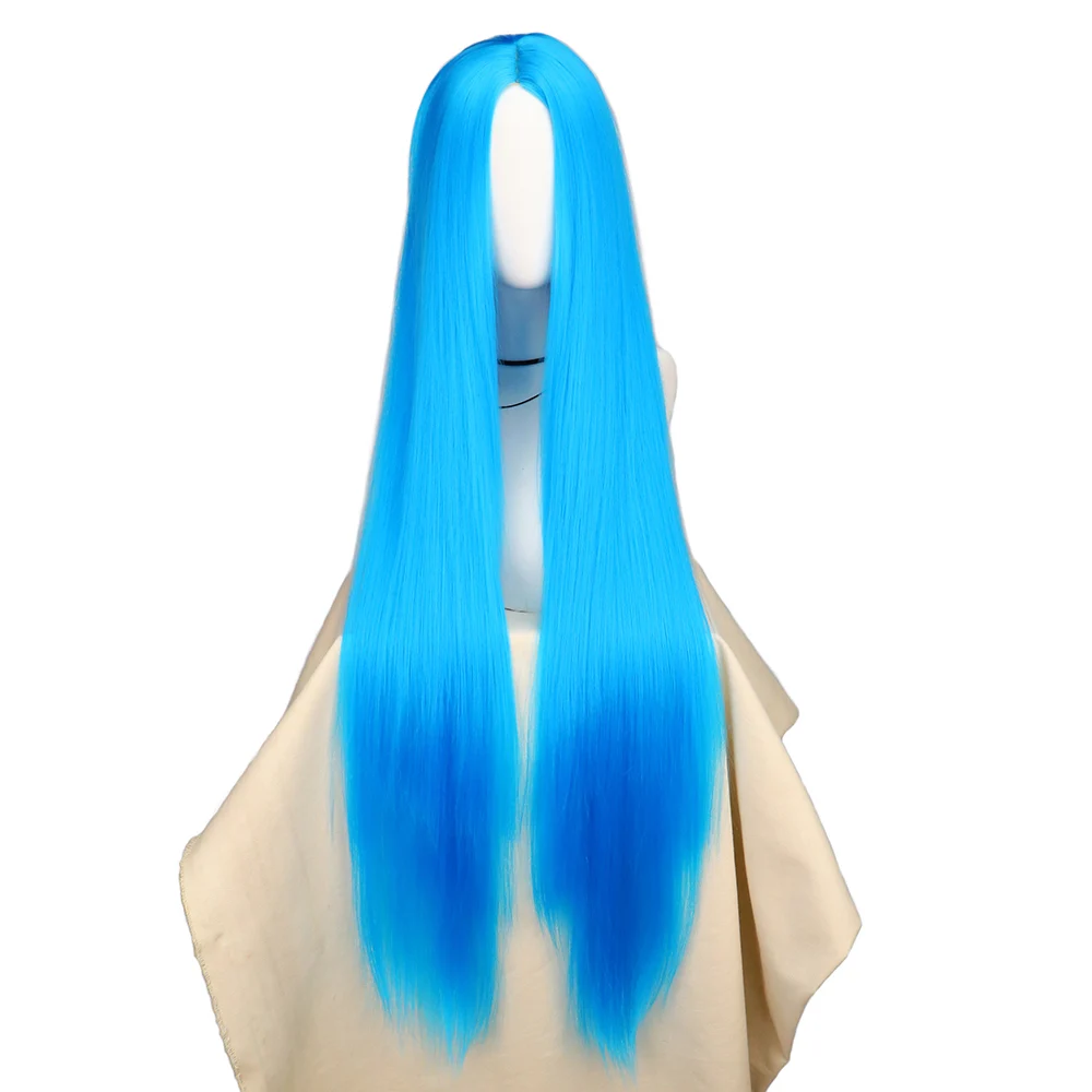 QQXCAIW Cosplay 100cm Long Blue Synthetic Hair Wigs Halloween Anime Costume Straight Heat Resistant Wig Jinx
