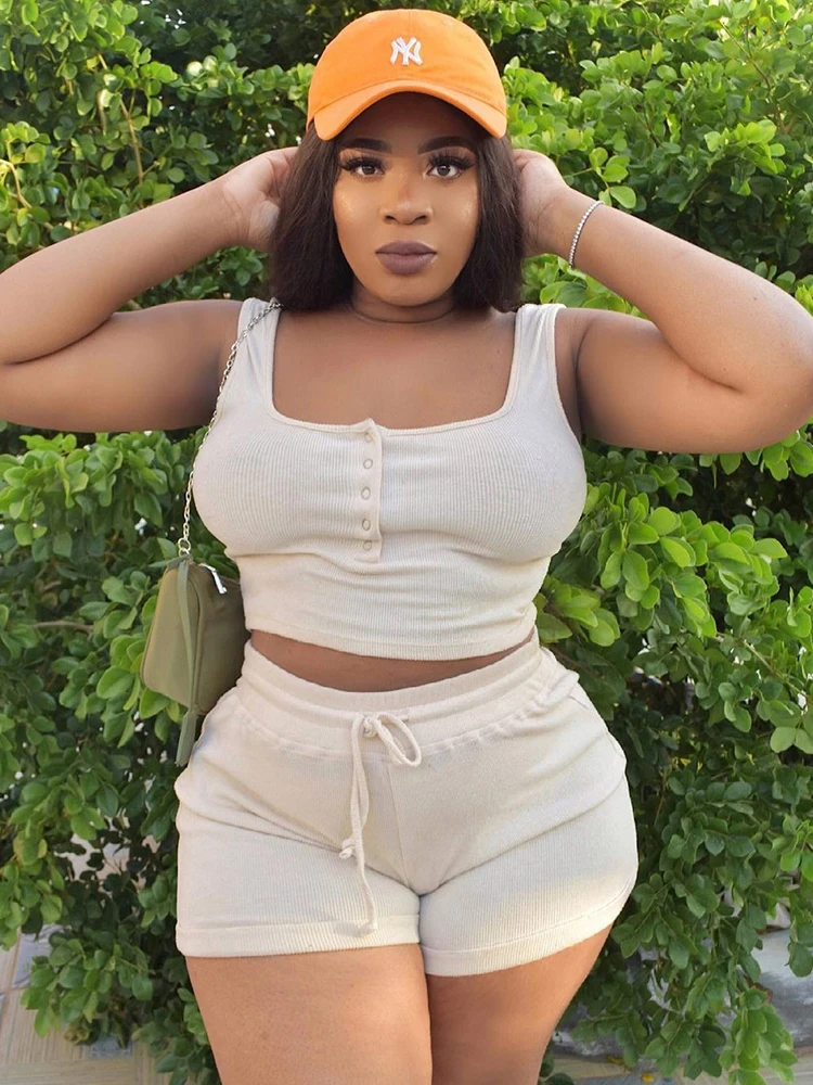 

Curve Plus Size Women 2piece Sets Solid Color Ribbed Knit Outfits Summer Casual Sexy Shorts T-shirt Set Wholesale Dropshipping