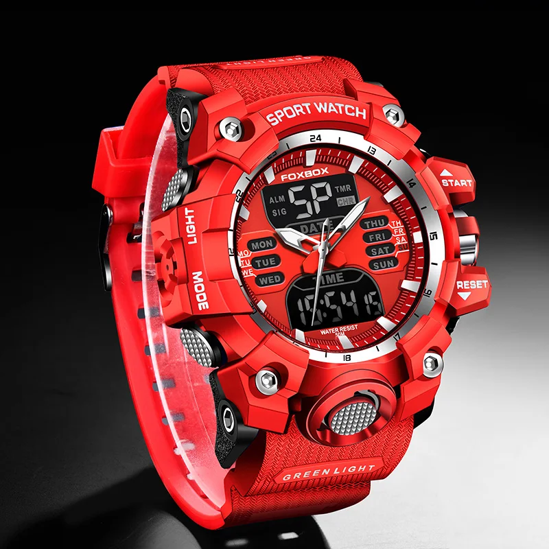 FOXBOX 남자 LED 디지털 시계 남자 스포츠 시계 전자 시계 다기능 군사 스포츠 시계 시계 어린이 선물 + 상자