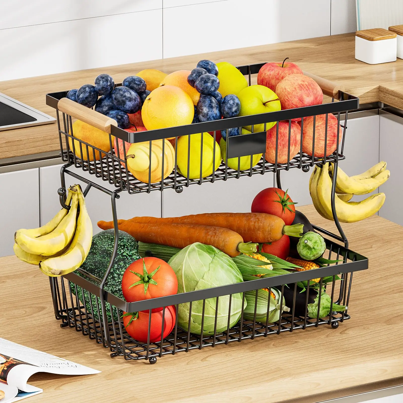 

Fruit basket vegetable basket,Metal storage basket with hook and wooden handle Stackable and removable kitchen storage rack